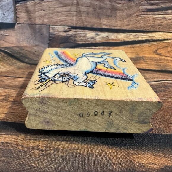 Vintage Rainbow Unicorn Wood Mounted Rubber Stamp All Night Media Craft Tool - Picture 4 of 9